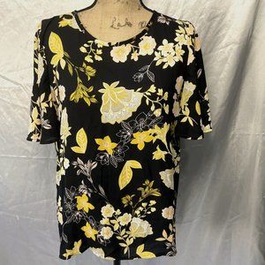 Ann Taylor LOFT Womens Top Sz M Black Yellow Floral Short Sleeve Keyhole